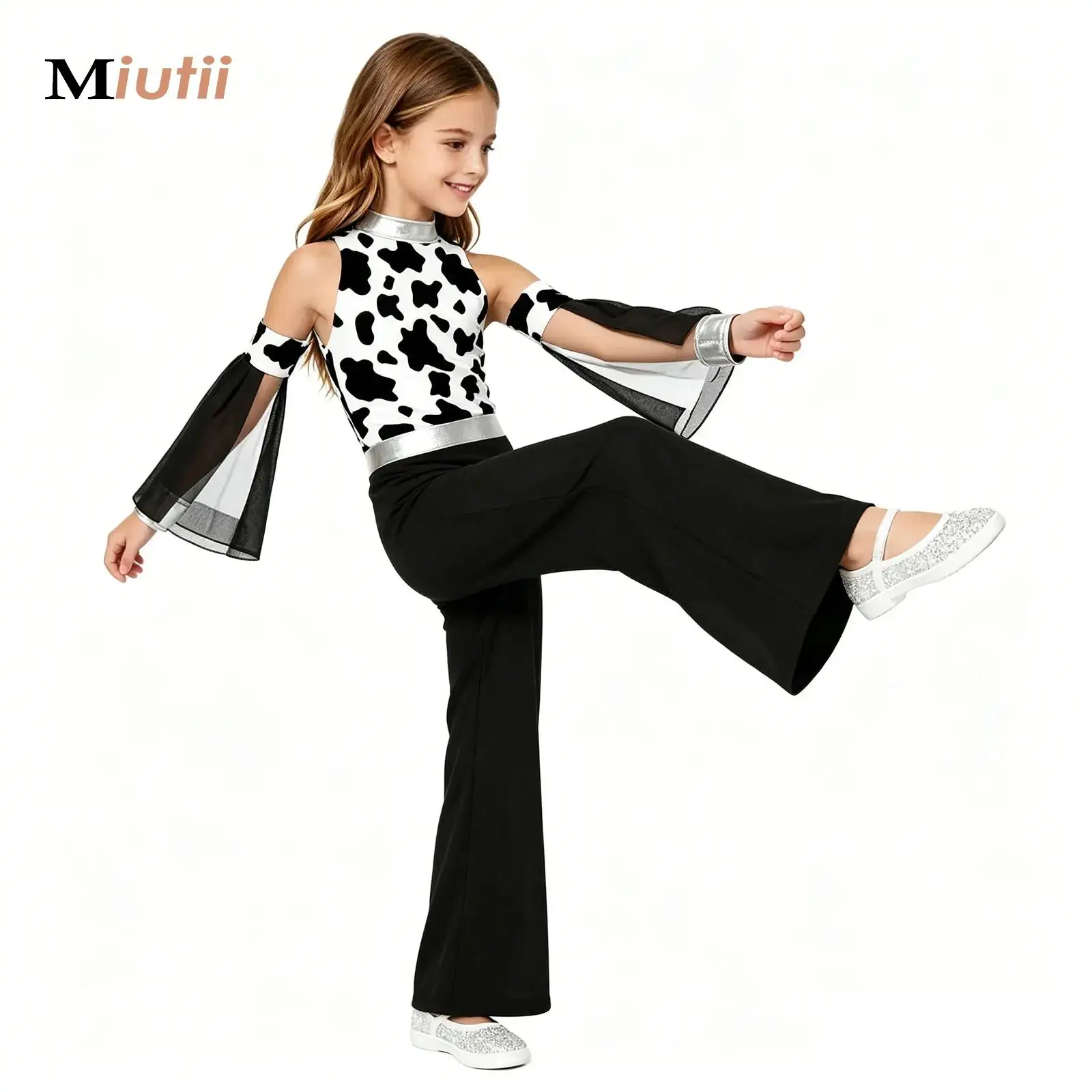 

Sleeveless Lyrical Dance Jumpsuit for Girls Kids Modern Performance Costume Printed One-piece Mesh Wide-Leg Jumpsuit Unitards