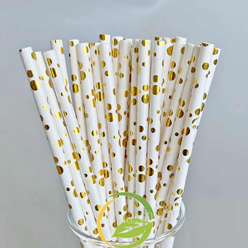 100 Pcs Gold Foil Assorted Dot Paper Straws,Metallic Bubble Shiny Glitter Christmas Anniversary Wedding Holiday Party Drinking