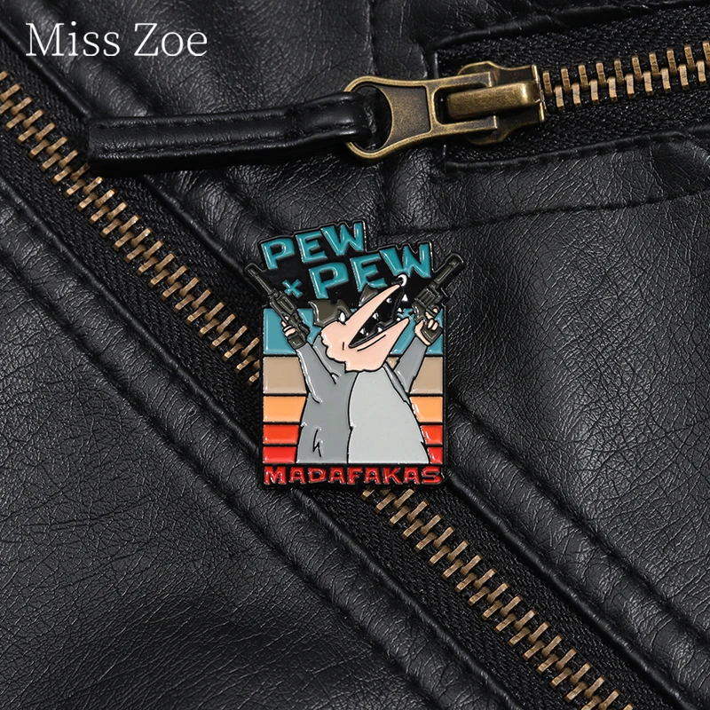 Pew Pew Madafakas Opossum Guns Enamel Pins Cartoon Cool Animals Metal Brooch Cute Punk Lapel Badge Halloween Gift For Kid Friend