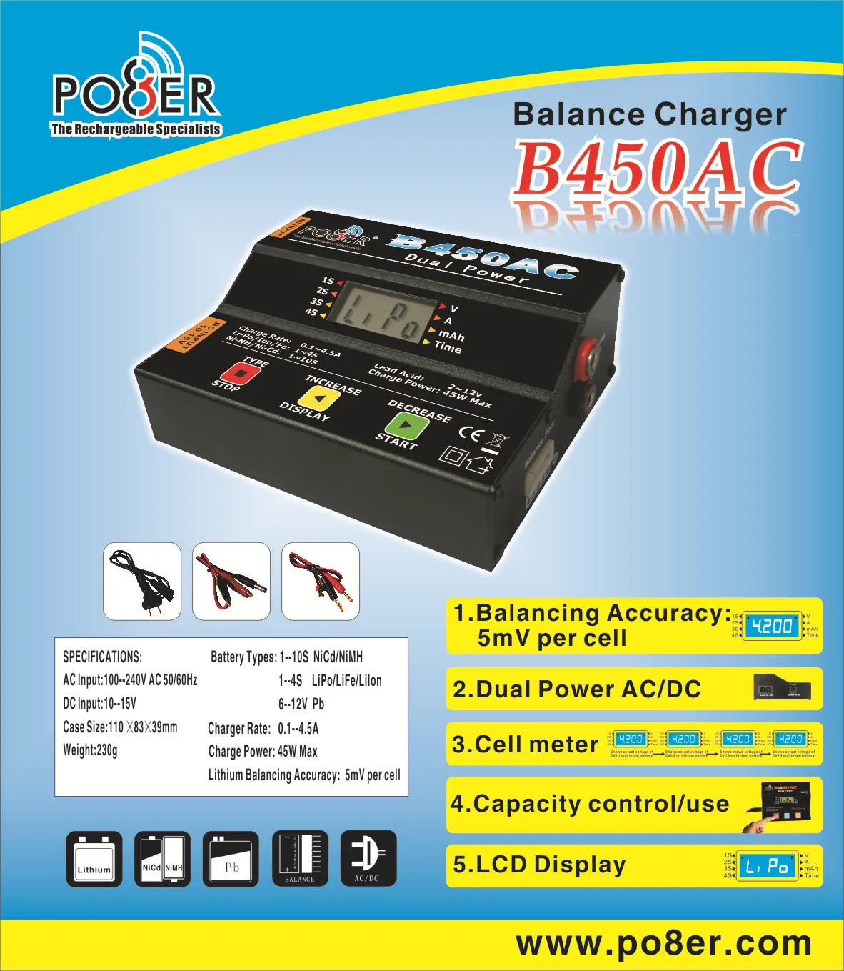 Multi-Function Battery Charger 1S-4S Balance Charger B450AC Power 45W 4.5A