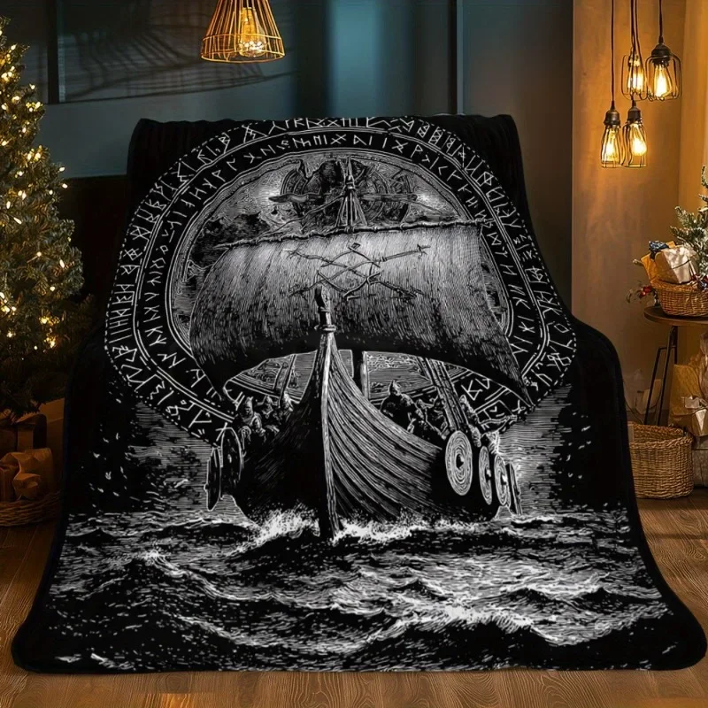 [Viking Pirate Ship Blanket] 1pc Viking Pirate Ship Portable Blanket - Lightweight Flannel All-Season Soft Warm Throw with
