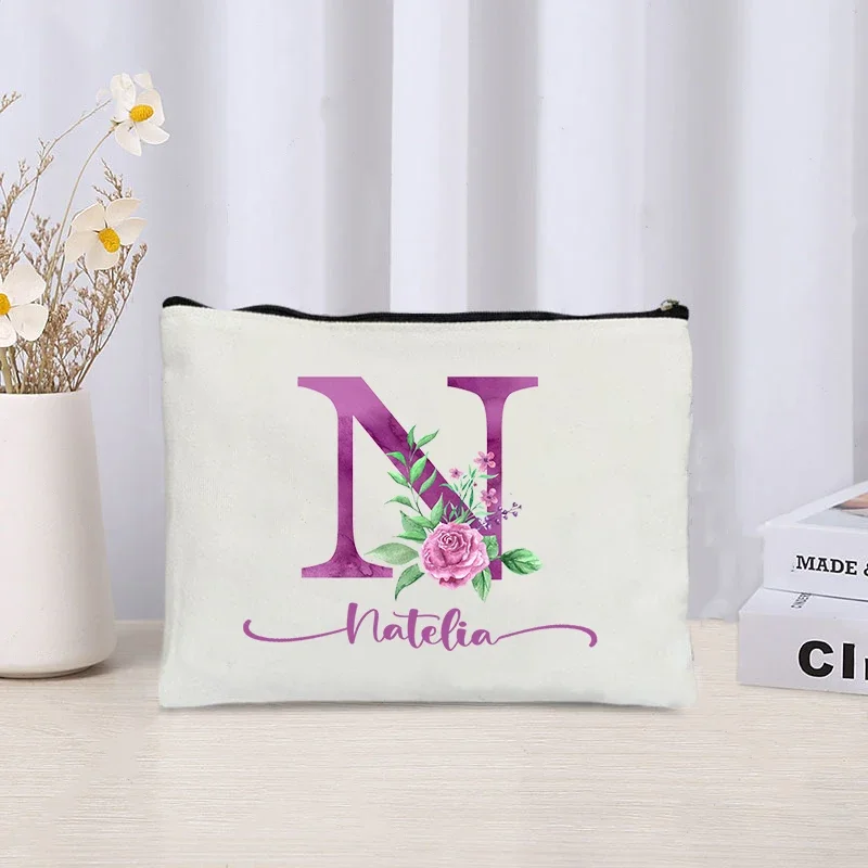 Trendy Purple Letter Floral Makeup Bag Custom Name Cosmetic Organizer Cute Side Bag for Ladies Travel Toiletry Pouch Handbag