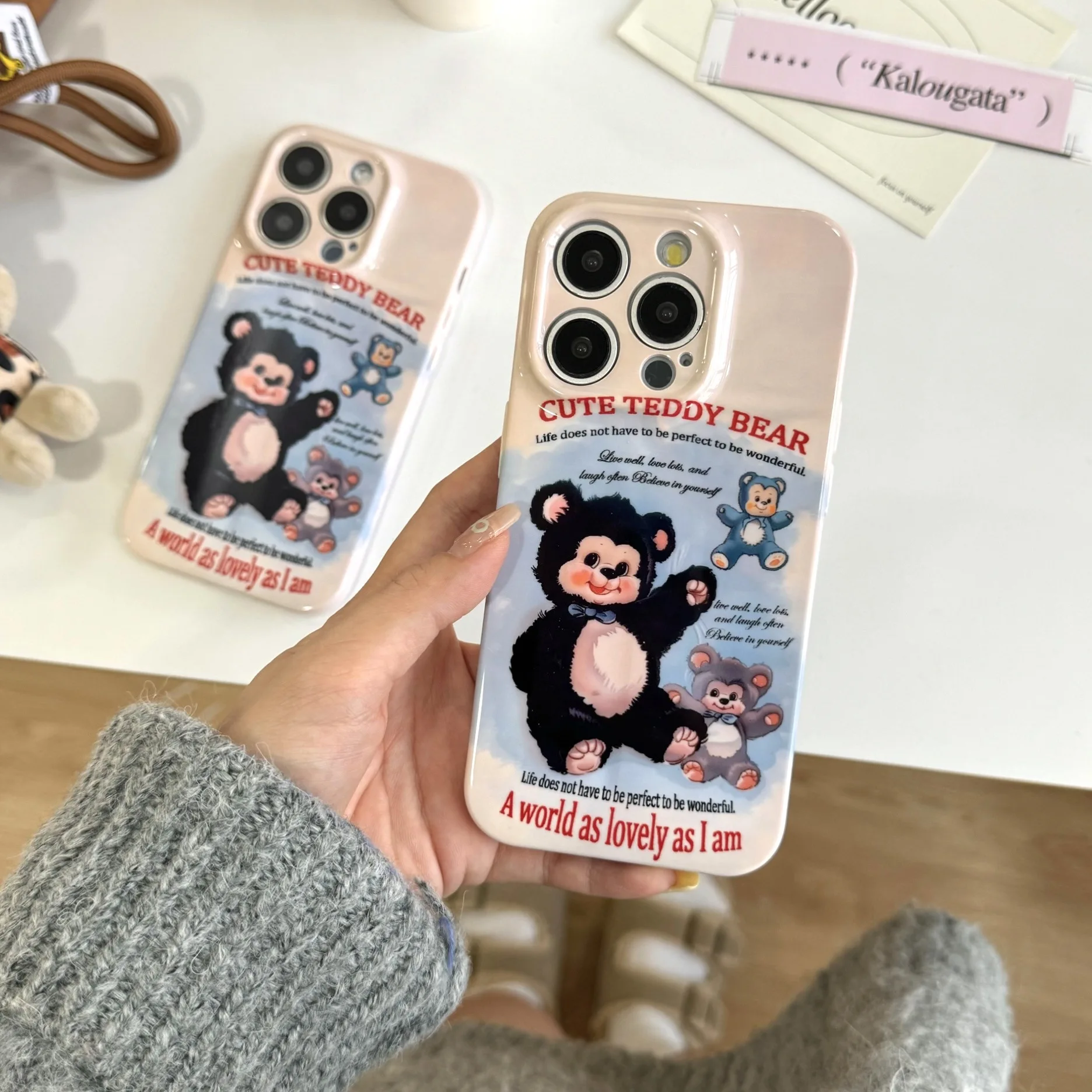 Retro winter Plush bear doll art Phone Case For iPhone 16 15 14 13 12 11 Pro Max Case Cute Cartoon Sweet luxury shockproof Cover