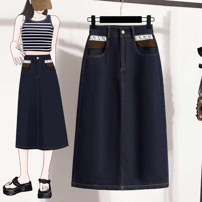 

Свободная джинсовая юбка миди с эластичным кружевом, новая коллекция весна-лето, корейский стиль, большие размеры, женская повседневная юбка для города