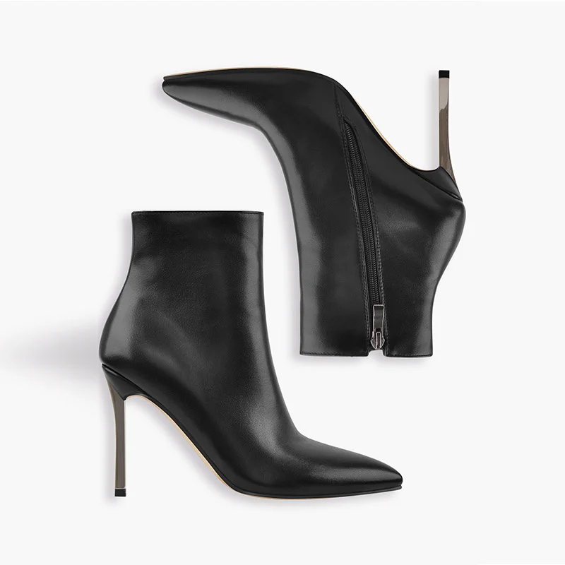 Onlymaker-Botas Ankel con punta Poited para mujer, botines de Metal con tacón alto fino y cremallera lateral, color negro, cálidos, para invierno