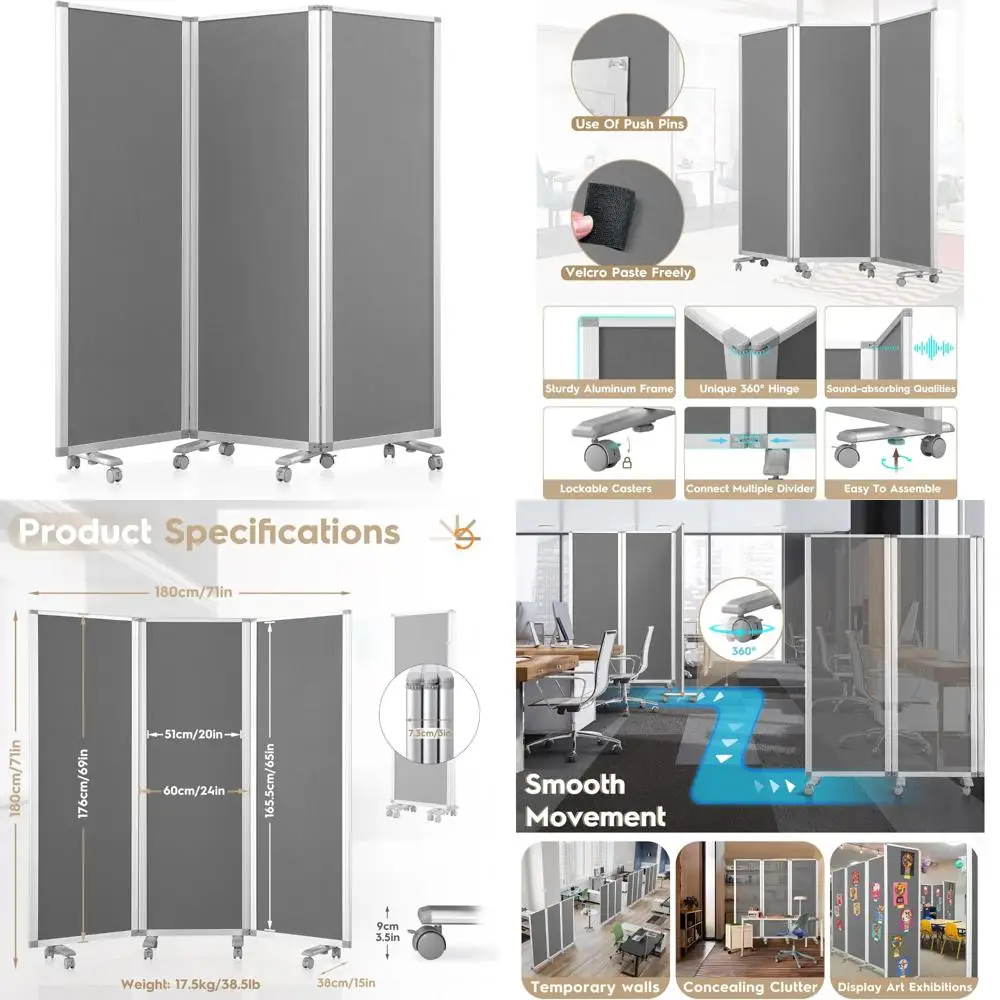 

Gray Fabric Folding Wall Partitions for Office, Sliding Privacy Panels, Freestanding, Rolling Screen, 71 High x 24 Wide
