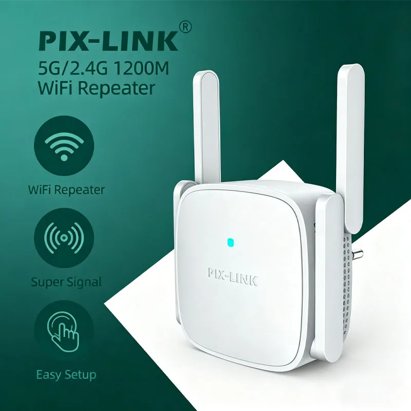 

PIX-LINK WiFi-ретранслятор AC1200, маршрутизатор 1200 Мбит/с, двухдиапазонный (5 ГГц/2,4 ГГц) усилитель сигнала, 4 антенны, расширитель зоны покрытия Wi-Fi для дома и офиса