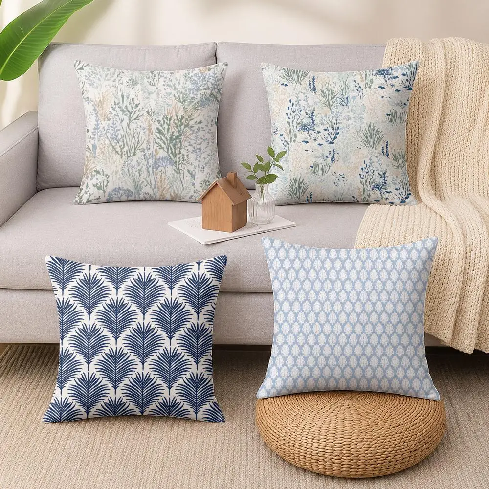 Coastal Blue White print Cushion Cover Luxury Soft Plush Short Fur Cushion Case Warm Cozy Sofa Bed Decorative Home Accent