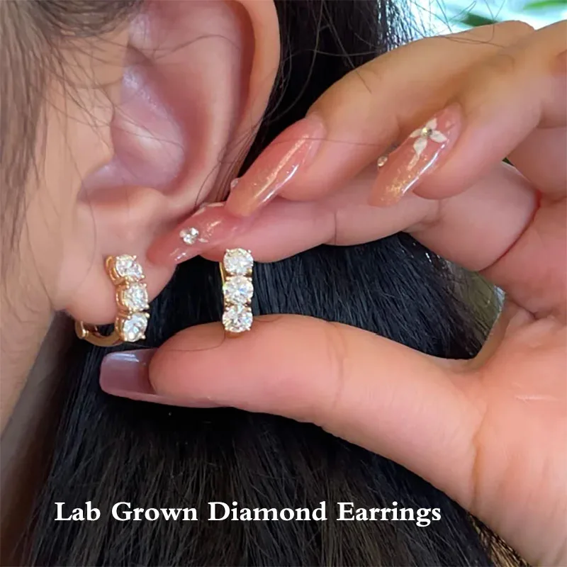 

1.2Ctw DEF/VS VVS Three Stones Round Cut HPHT Lab Grown Diamond Hinged backing Hoop 14K 10K Gold Earrings Gifts For Her