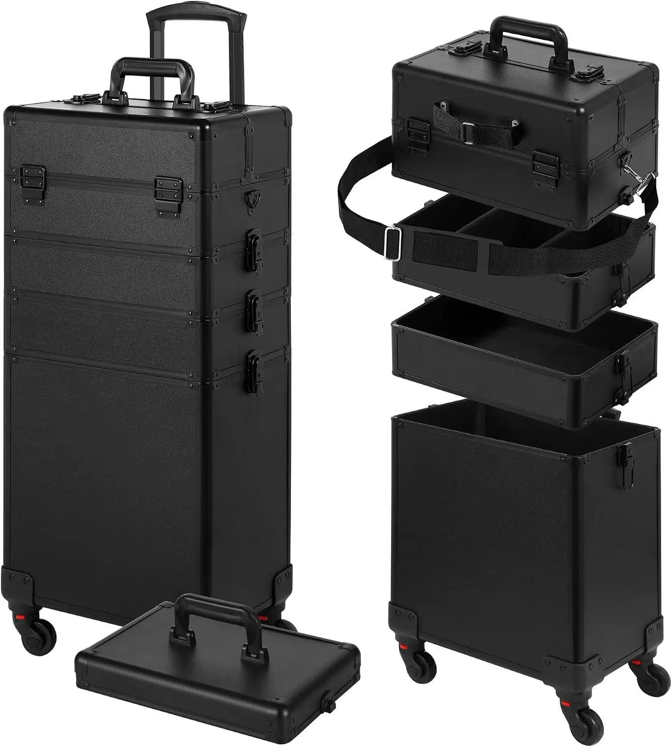 Rolling Makeup Train Case Lid 5 In 1 Wheeled Cosmetology Christmas Gift Large Cosmetic Organizer Salon Barber Black