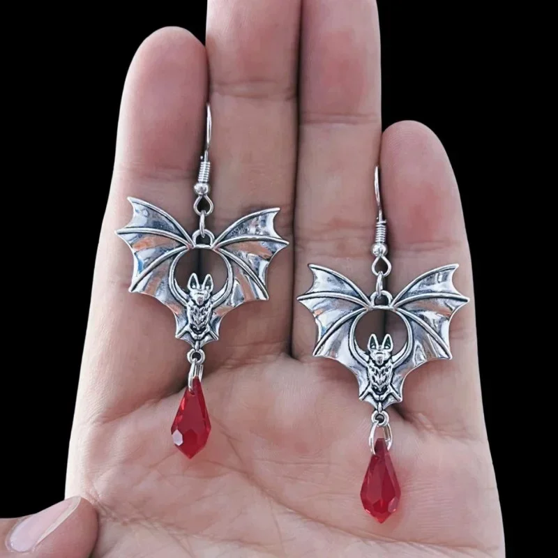 Trendy And Simple New Dark Gothic Punk Style Black Bat Red Crystal Earrings Halloween Jewelry