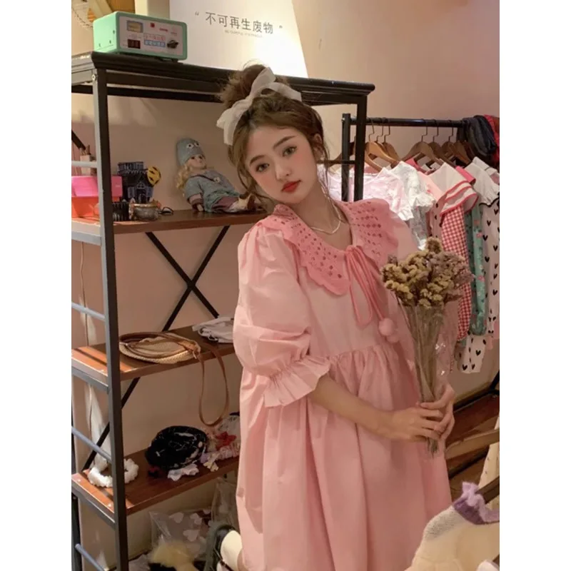 

Sweet Pink Dress Lapel Collar Solid Puff Sleeve Casual Dresses A-line Loose Lace-up Hollow Hot Girls Skirt Summer Preppy Clothes