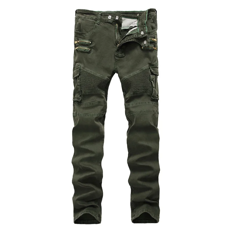 New Fashion Men Wrinkled Skinny Jeans BIKER Elastic Strench Denim Jeans Pants High Street Zipper Pockets Casual Denim Jeans 42