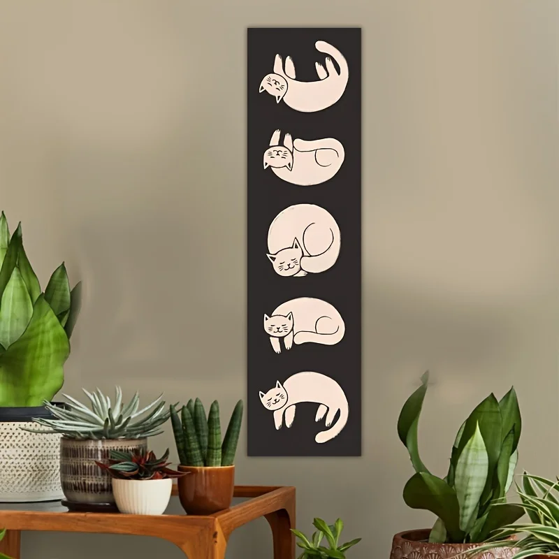 VIKAMA Simple Hand-Painted Lazy Cat Tapestry - Long Strip Wall Hanging, Ins Cream Style Healing Room Decor for Girls