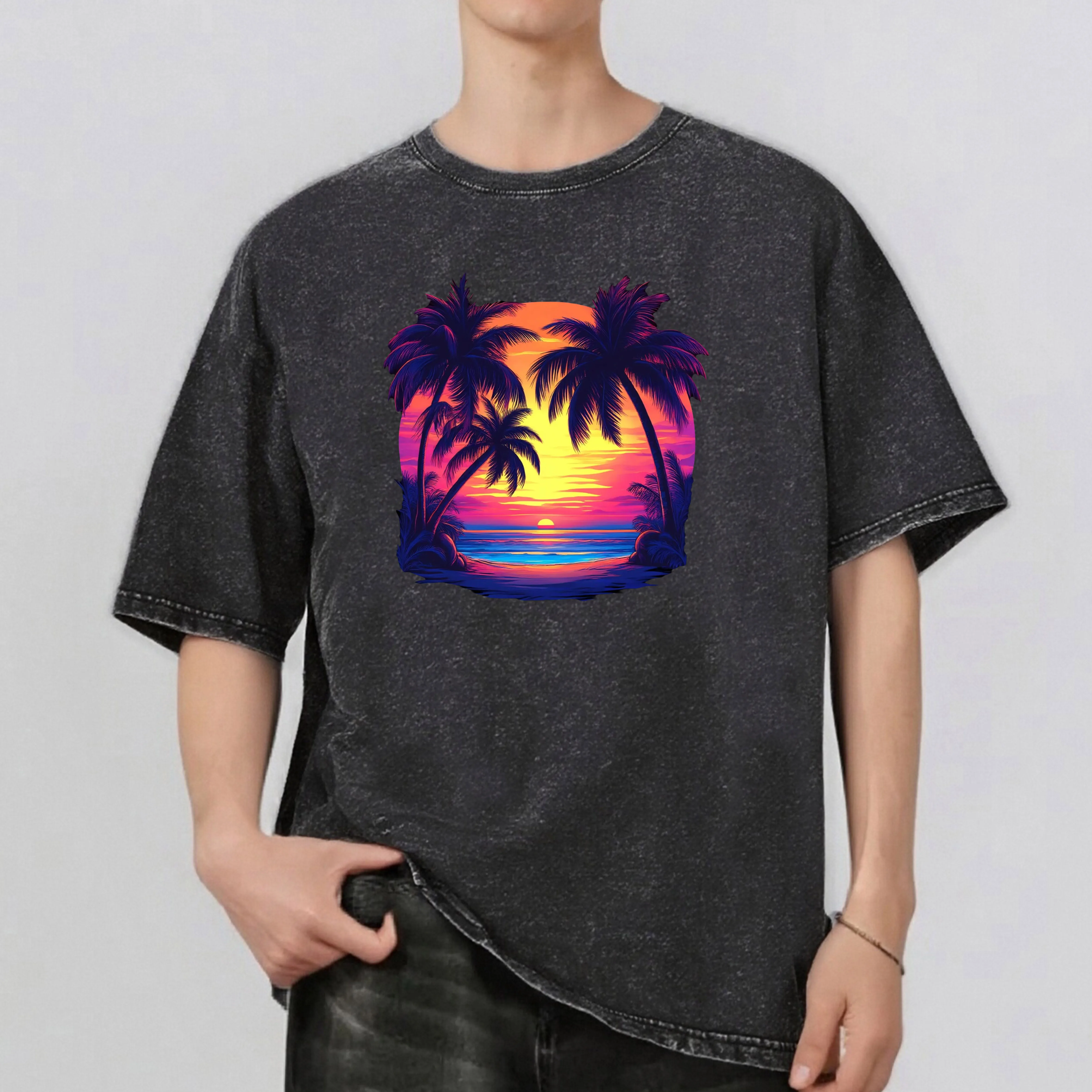 

Sunset Pattern Rint Men's Summer Retro Style Washed Water T-Shirt Casual Short Sleeved Basic Men's Top 230G