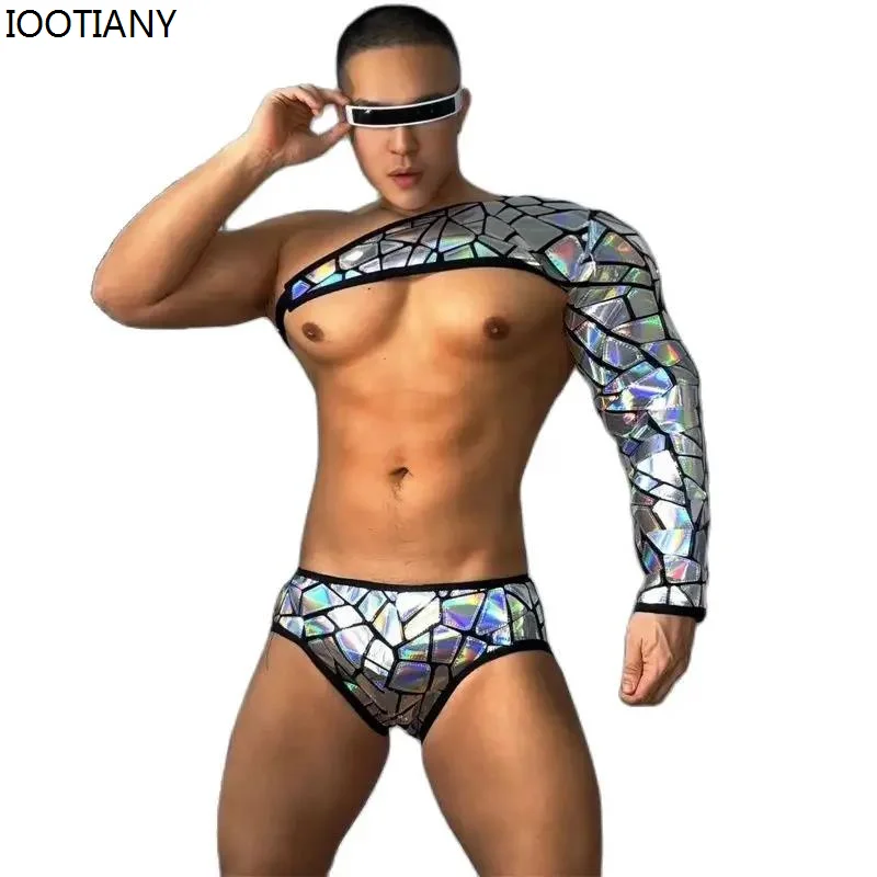 

New Sexy One Sleeve Sequin Top Briefs Colored Reflective Gogo Costume Men Pole Dance Set Future Warrior Stage Ds Dj Rave Costume