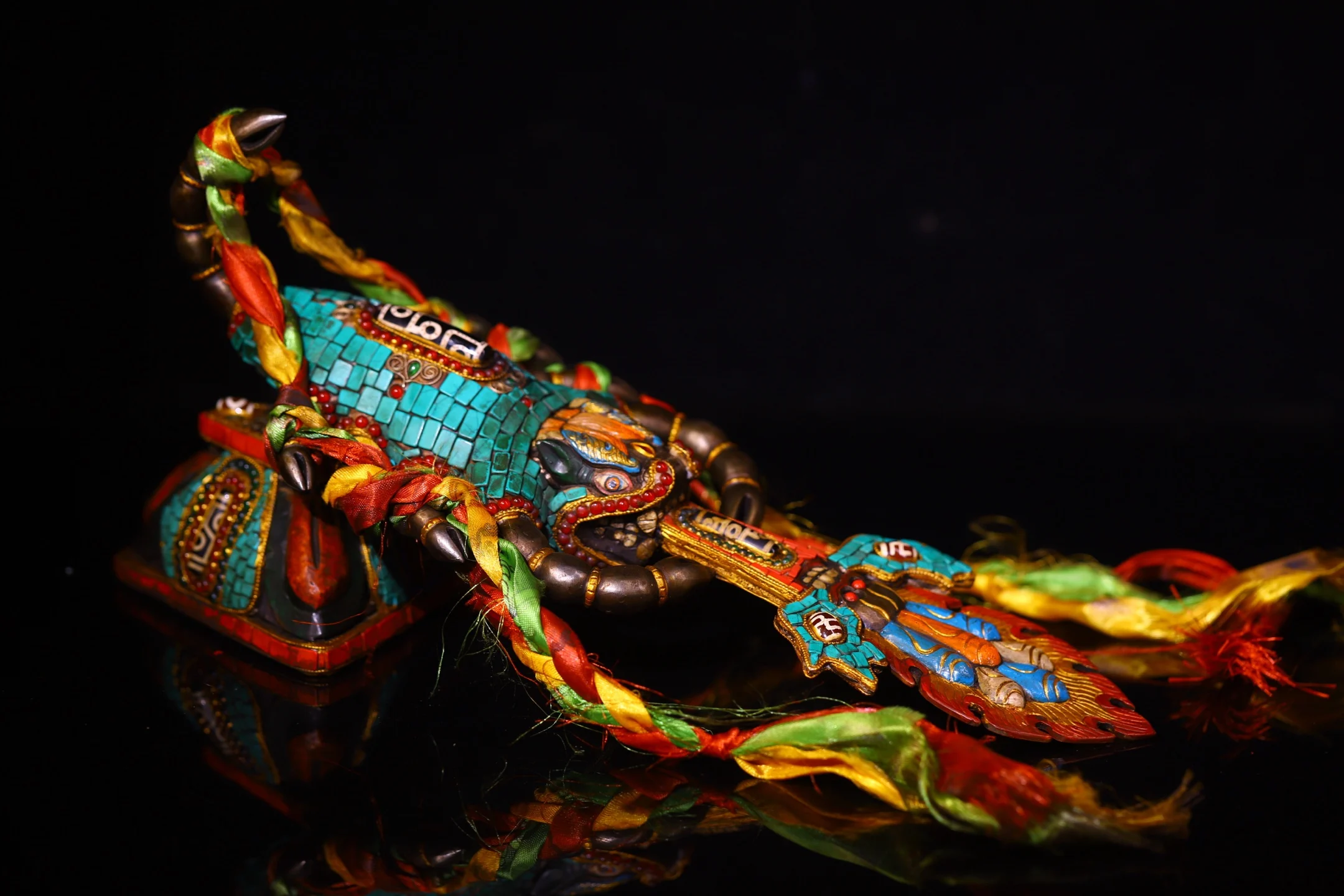 Old Nepalese Folk Tiantie Painted Mosaic Gem gZi Beads Turquoise Scorpion Statue Skull Manjusri Sword Vajra Bodhi Root Base