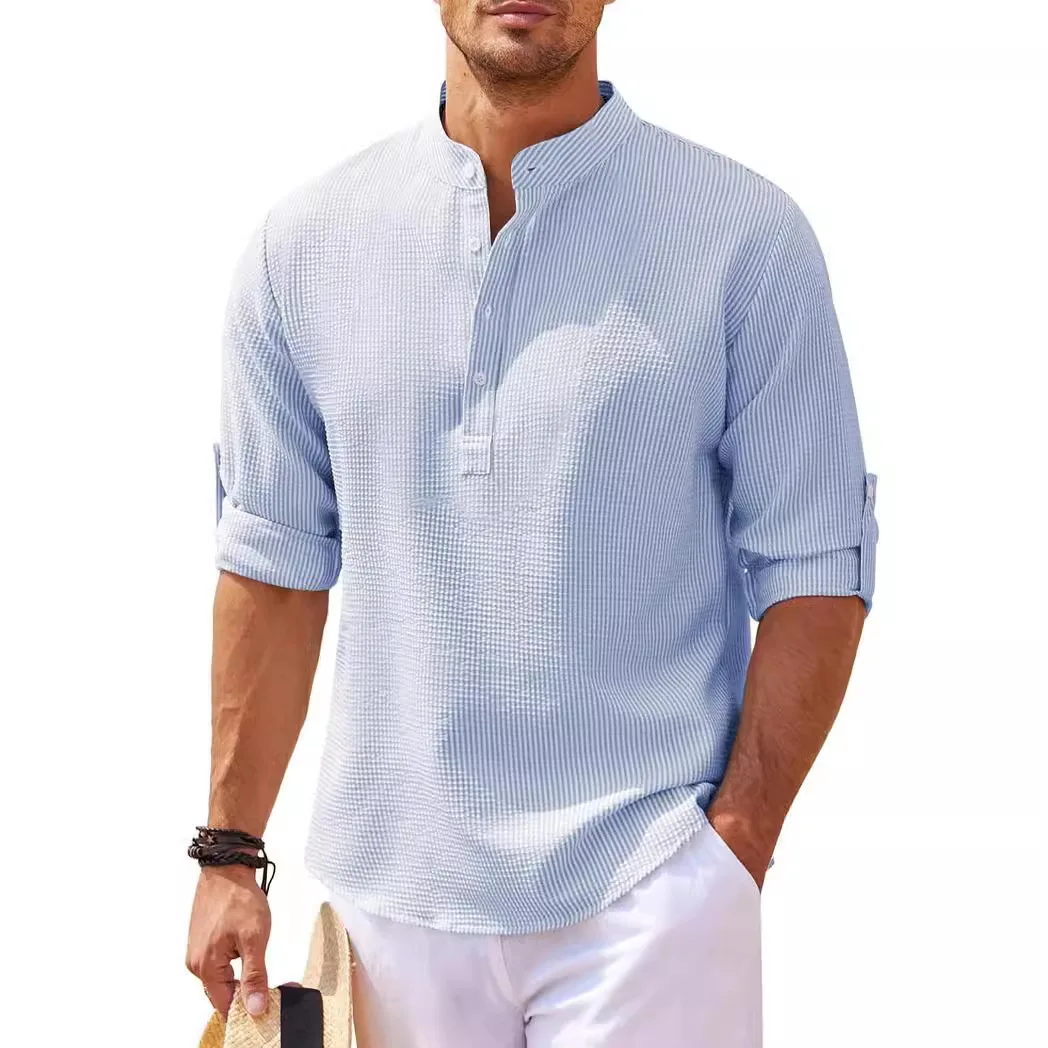 Men's Longsved Buttondown Shirt Halfopen  Collar Fleece Lined Thickened Autumn Wear Nine-Quarter Sleeve Special Wide Fit