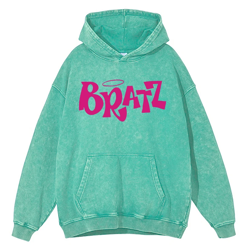 Cotton Womans Acid Wash Hoodies Y2K Pink Bratz Letter Printing Streetwear Oversize Pocket Warm Pullovers Autumn Female Clothes