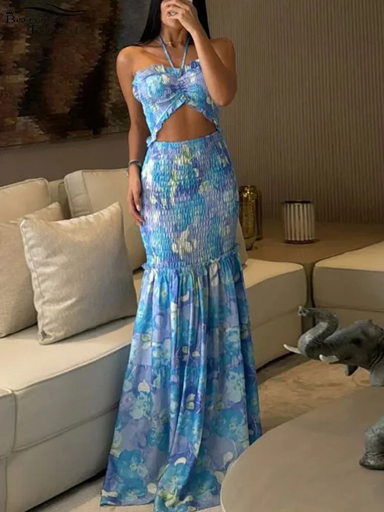 ชุดเดรสยาวพิมพ์ลายปาล์มเขตร้อนสำหรับผู้หญิง ชุดเดรสฤดูร้อนสำหรับวันหยุดพักผ่อน ชุดเดรสชายหาดแบบมีระบายและเว้าข้างสำหรับสาวๆ