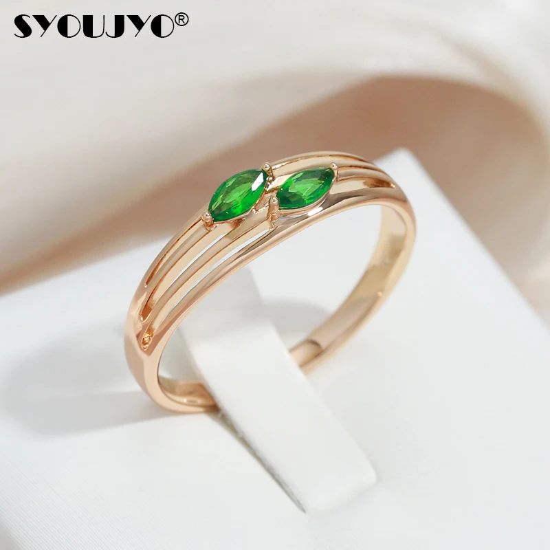SYOUJYO Green Natural Zircon Leaf Rings For Women 585 Rose Gold Color Vintage Fine Jewelry Daily Easy Matching Slim Rings New