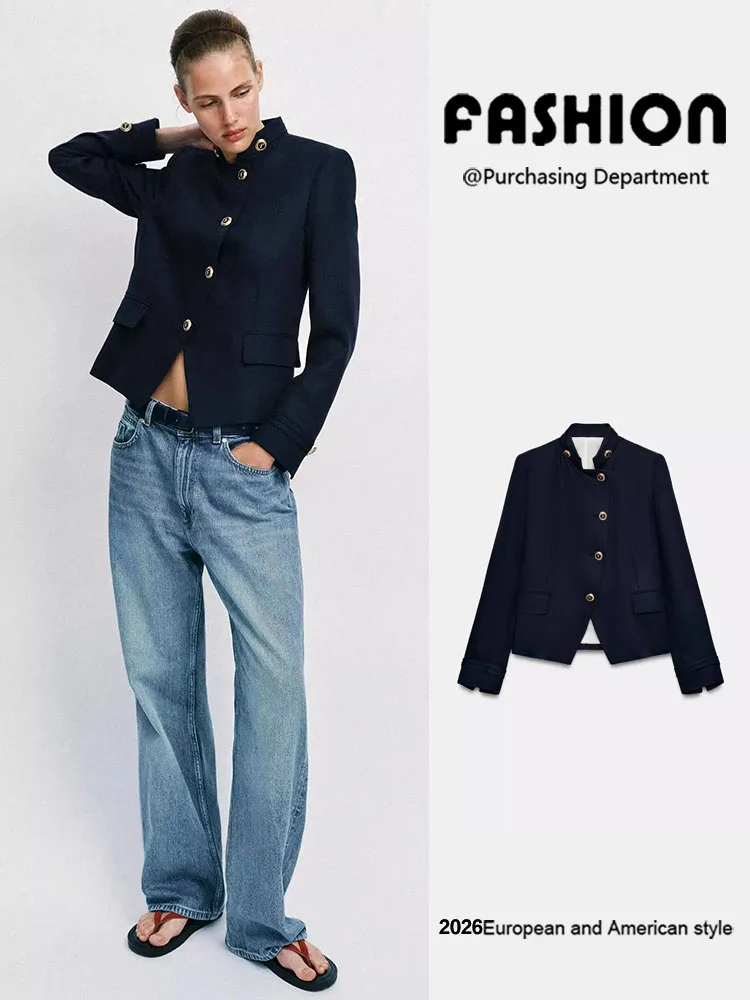

Spring New Arrival Women's Slim Fit Long Sleeve Stand Collar Jacket Gold Button Casual Fashion Outerwear Elegant Stylish