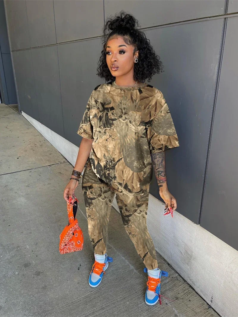 Streetwear Camouflage Tracksuit Women Two 2 Piece Set Outfits Short Sleeve Shirt Top and Pants Suits Casual Woman Matching Sets