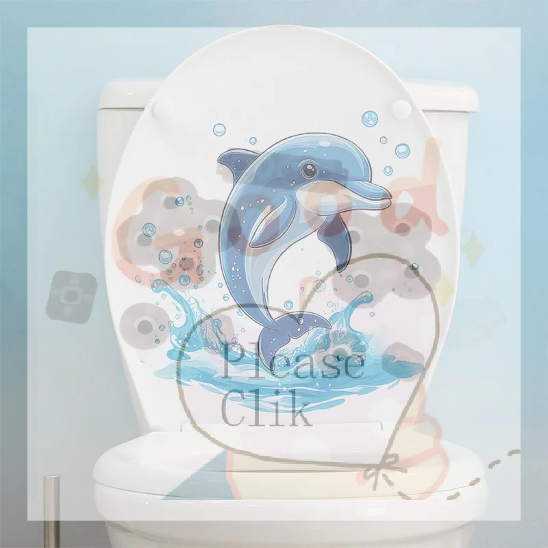 【HG】Cute Cartoon Blue Dolphin Toilet Lid Sticker Waterproof Self Adhesive For Bathroom Home Decoration Easy Apply Remove