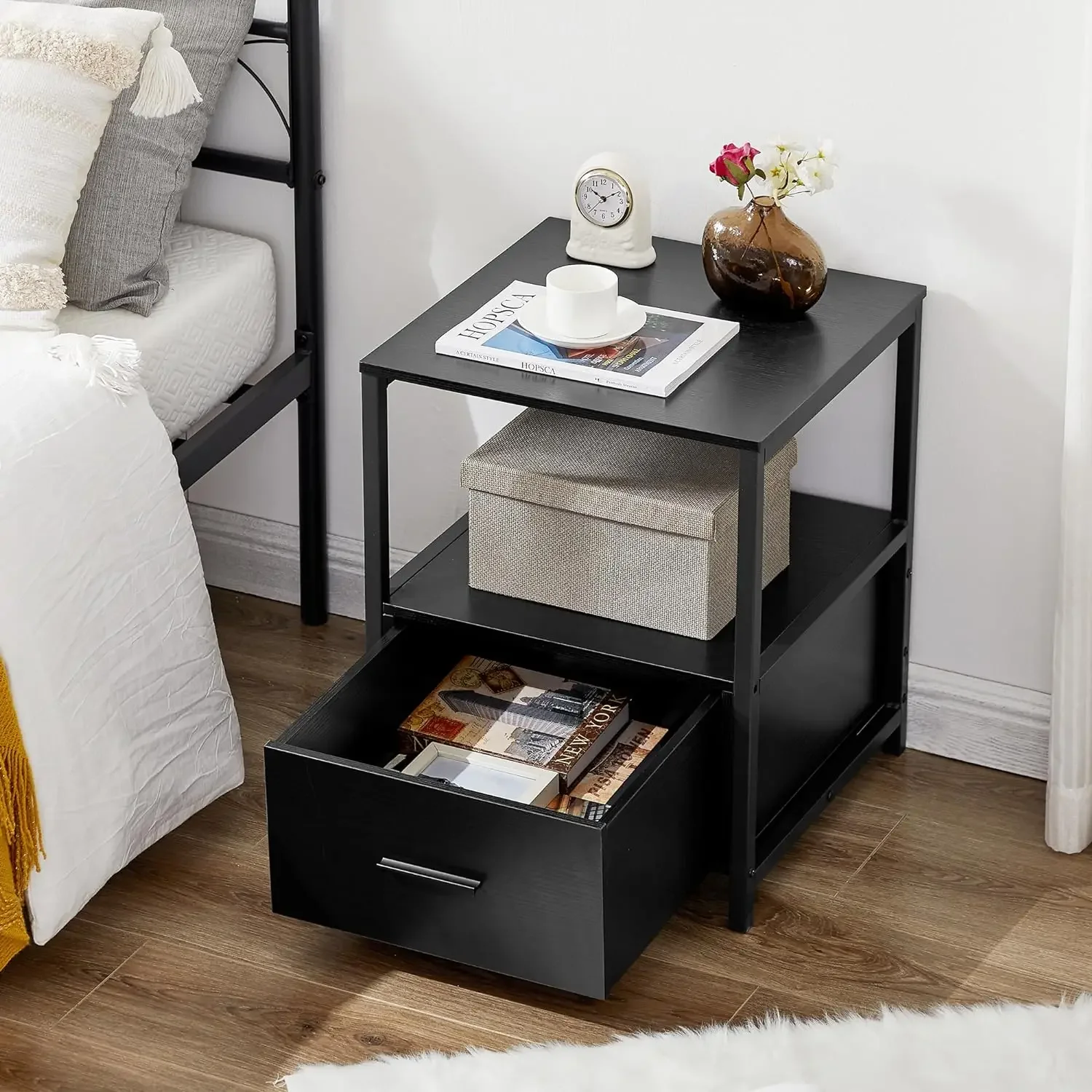 

Nightstand Set of 2 with Wooden Storage Drawer Square Modern Bedside End Tables for Bedroom Living Room,