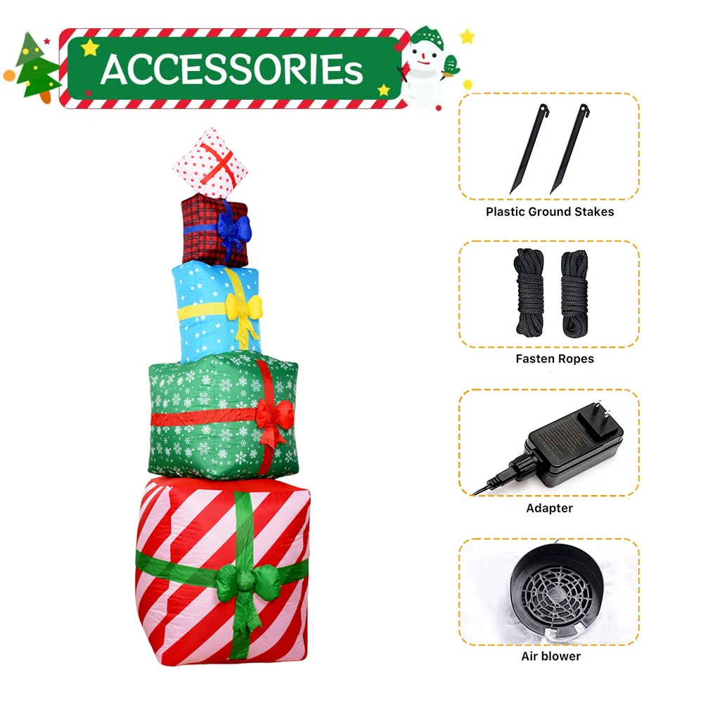 2.4m Christmas Inflatable Gift Boxes Decorations Built-in LED Lights Blow Up Xmas Decor for Holiday Indoor Outdoor Yard Lawn