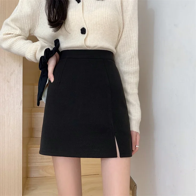 

Arrival Autumn Winter High-waisted Slimming Bodycon Mini Split straight tube skirt Fashion goth y2k solid Woolen Skirt For Women