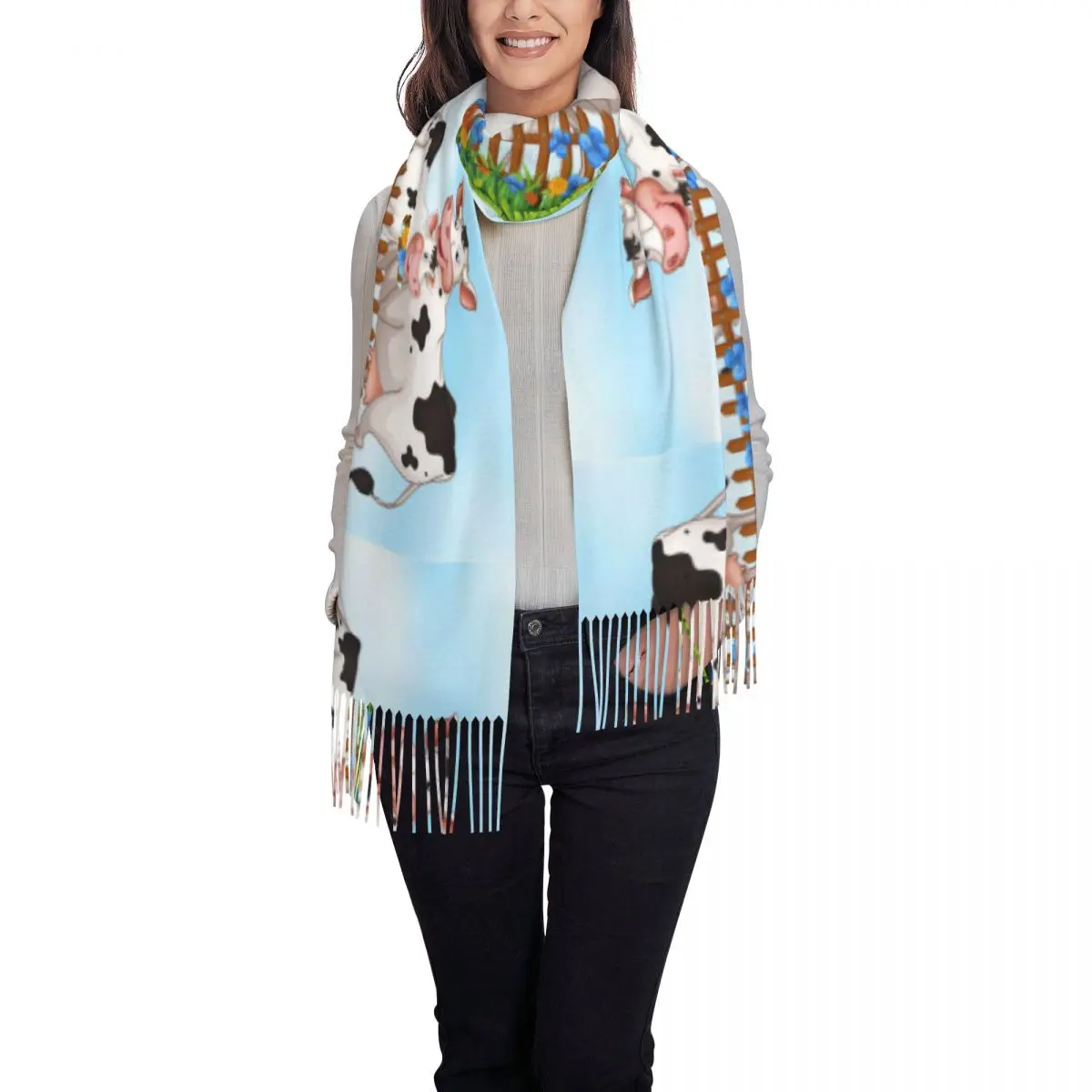 Cow Print Scarf Wrap for Women Long Winter Fall Warm Tassel Shawl Unisex Anima Skin Texture Scarves