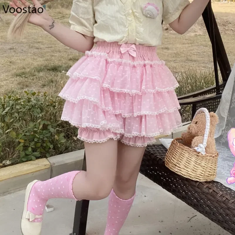 Sweet Lolita veiligheidsshorts roze meisjes Kawaii kant mesh ruches ondergoed Japanse Harajuku gotische boog elastische taille JK bloeiers