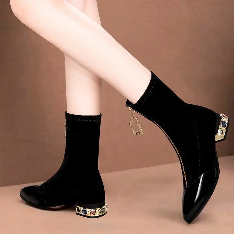 Women Shiny Sequin Ankle Boots Winter Fashion Pointed Front Zipper Rhinestone Square Heels Short Boots Retro Motorcycle Shoes_voghion.com