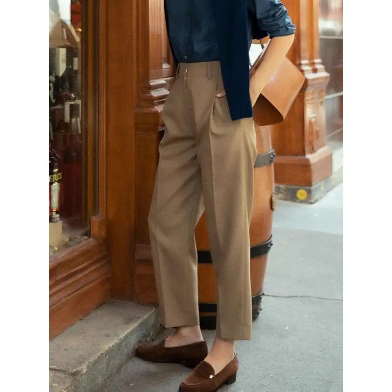 

Maxdutti 2026 French Elegant Commuting Casual Cropped Pants High Waisted Straight Leg Pants Wool Casual Suit Pants For Women