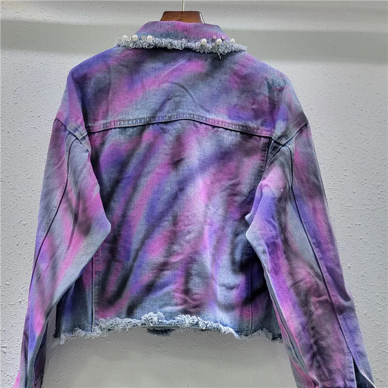 Beaded Diamond Hand-painted Graffiti Printing Short Denim Jacket Women Casual Frayed Burrs Lapel Long Sleeve Jeans Jackets Coat