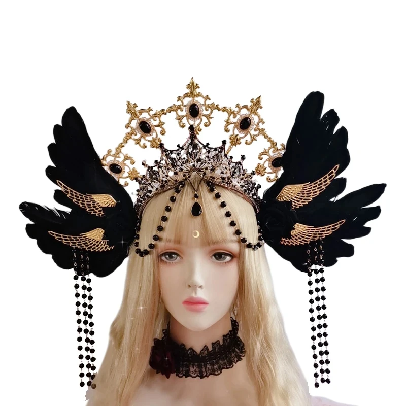 สีแดง Baroque Gothic Rose Angel Wings Halo Crown Headwear Sun Godmother's Retro Gorgeous Lolita KC Crown Headband อุปกรณ์เสริมผม
