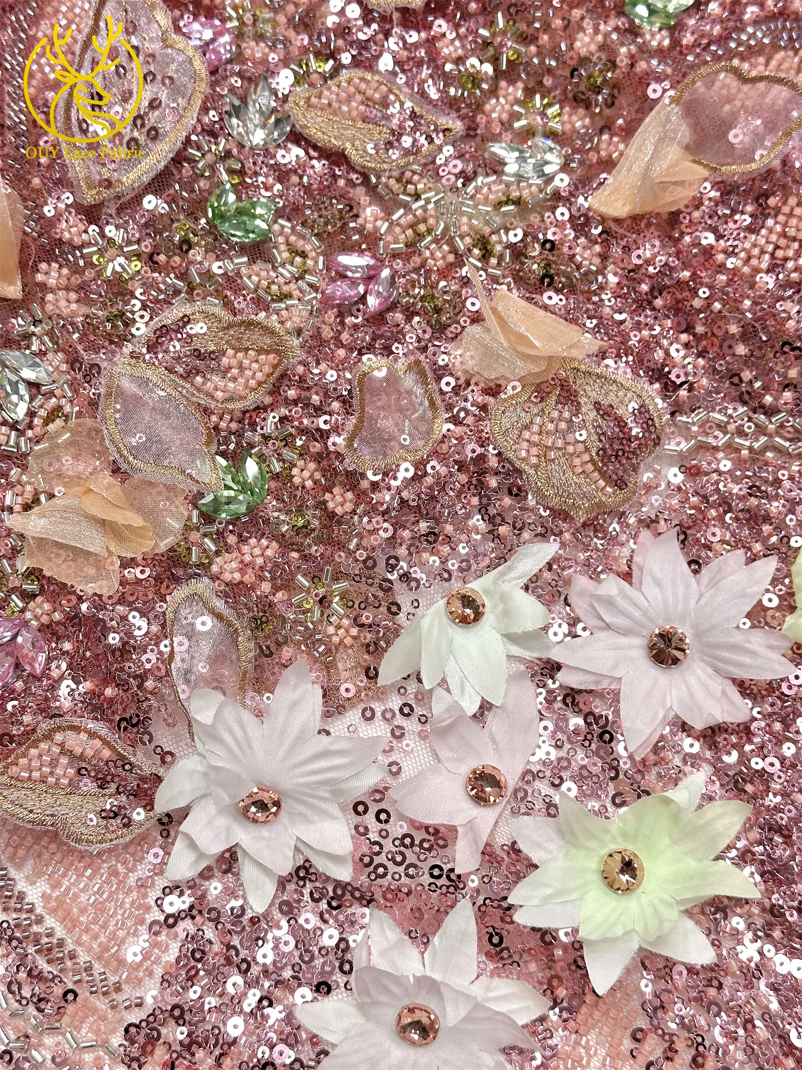 Hochwertiger luxuriöser französischer Edelstein-Perlenstickerei-3D-Blumen-Afrikanischer-Pailletten-Spitzenstoff für DIY handgefertigtes Hochzeitskleid. – Detail 25