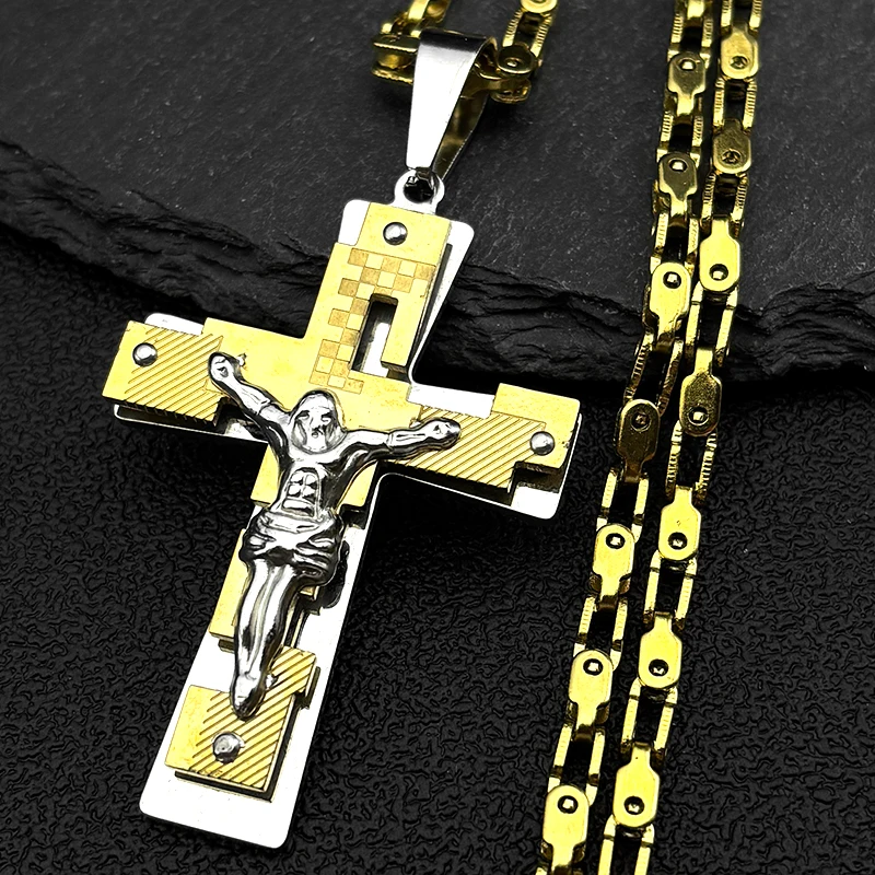 

Christian Cross Jesus Stainless Steel Pendant Necklace for Women Men Gold Color Crucifix Byzantine Chain Party Jewelry Gift