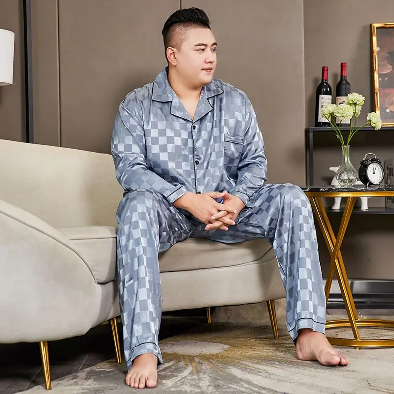 Fat Pajamas Men Big Size Plus Fat Ice Silk Summer Long Sleeve Men Cartoon Imitation Silk Spring  Autumn Book 290 Pounds Comfort