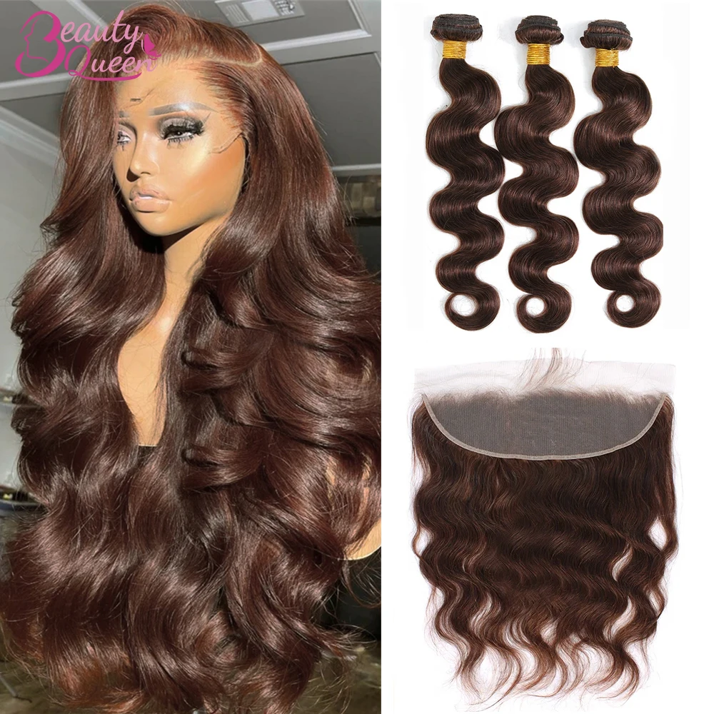 Tissage en Lot Naturel Body Wave Brun Foncé avec Closure, Extensions de Cheveux, 13x4, #4