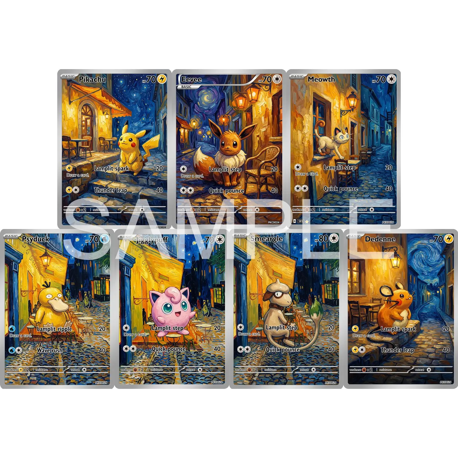 7Pcs PKM Cards PTCG Van Gogh Style Eevee Meowth Psyduck Jigglypuff Smeargle Dedenne Custom Illustrated Art Set Cards PTCG Gift