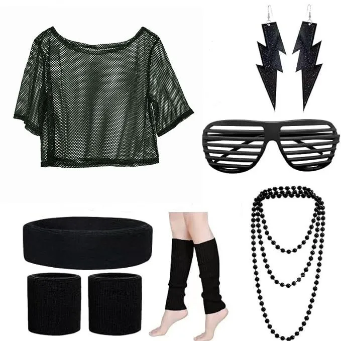 1980s Party Dance Costume Set | Fishnet T-Shirt, Ankle Warmers & Sports Headband (Retro Accessory Bundle)
