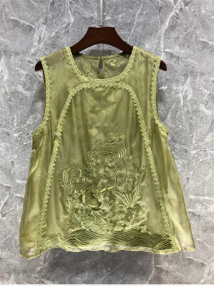 Zijde Geborduurd Kant Svel Ronde Ne Vest Dames Zomer Nieuwe Sle Faionable Veelzijdige Loose Fit Kleur Top