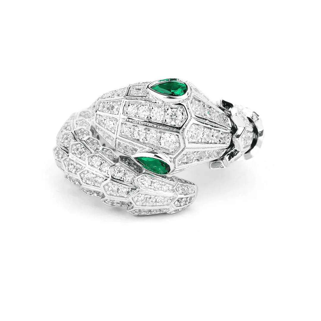 

S925 Gold-Plated Serpent Ring with Muzo Emerald & Lab Diamond, Stylish Open Adjustable Statement Snake Ring for Women