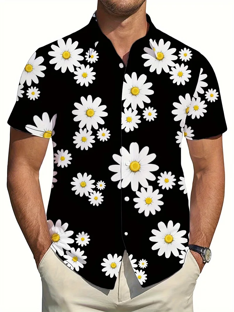 

Мужская рубашка для пляжного отдыха с черно-белым цветочным принтом, на пуговицах, с коротким рукавом, модная, высококачественная, уличная рубашка