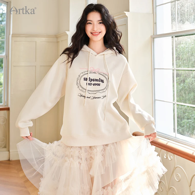 ARTKA 2025 가을 신상 여성 후드 코트 패션 캐주얼 레터 프린트 후디 코트 루즈 롱 슬리브 후드 아우터웨어 VA32055Q