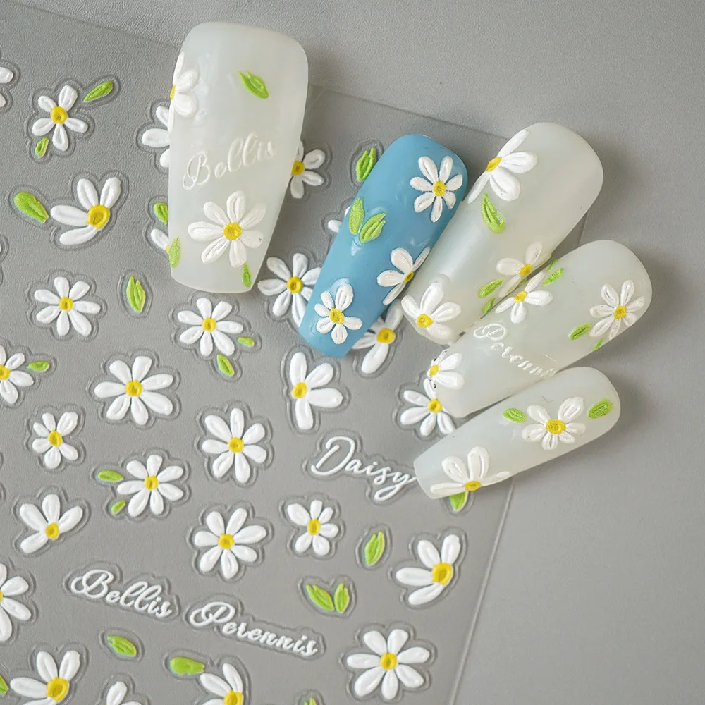 

3D Relief Daisy Nail Stickers 2026 Fresh Spring Floral Checkered Pattern Self Adhesive Decals for Manicure DIY