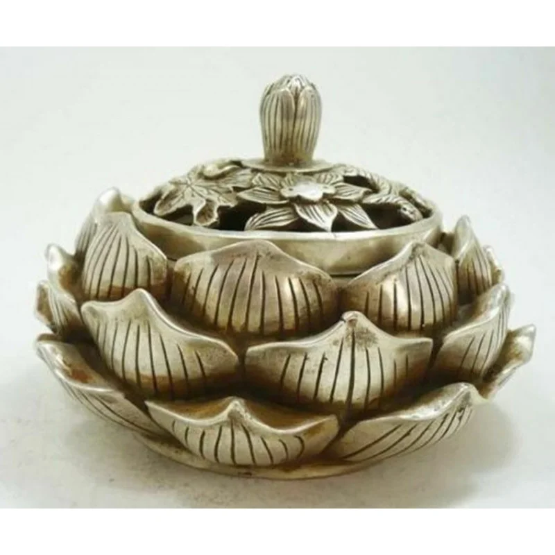 Crafts Tibetan Silver Lotus Figure Incense Burner Beautiful Incense Burner