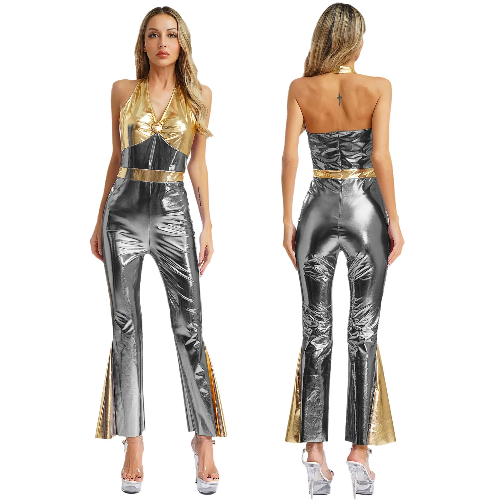 

Disco Hippie Dance Outfit for Women Shiny Halter Jumpsuit with High Waist Flare Pants Halloween Music Theme Events Costume